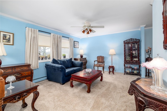68 Lincoln Ave, Island Park, NY 11558 - carpeted living room featuring a ceiling fan, ornamental molding, a baseboard heating unit, and baseboards