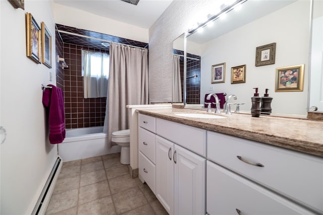 68 Lincoln Ave, Island Park, NY 11558 - full bathroom with tile patterned floors, a baseboard heating unit, toilet, vanity, and shower / tub combo