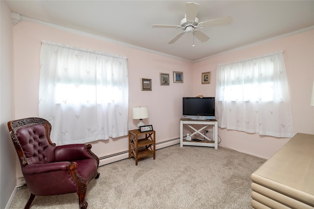 68 Lincoln Ave, Island Park, NY 11558 - sitting room featuring ceiling fan, carpet floors, and crown molding