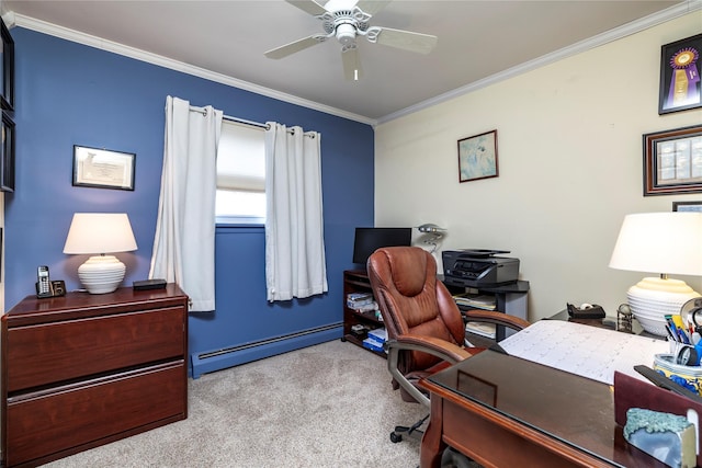 68 Lincoln Ave, Island Park, NY 11558 - office space featuring carpet flooring, a baseboard radiator, baseboards, ornamental molding, and a ceiling fan