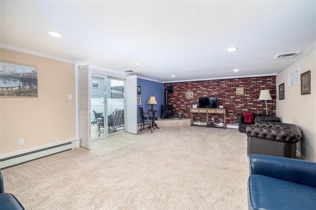68 Lincoln Ave, Island Park, NY 11558 - carpeted living area with visible vents, recessed lighting, ornamental molding, and a wood stove