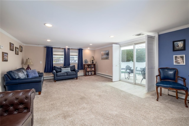 68 Lincoln Ave, Island Park, NY 11558 - carpeted living area featuring visible vents, crown molding, and baseboard heating