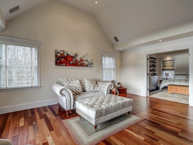 14 Stonewall Ct, Warwick, NY 10990 - living room featuring wood finished floors, baseboards, and high vaulted ceiling