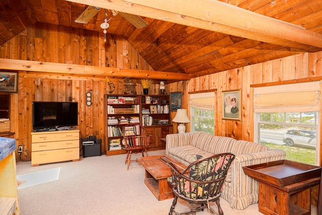75 Squiretown Rd, Hampton Bays, NY 11946 - carpeted living area with vaulted ceiling, wooden walls, wooden ceiling, and a ceiling fan