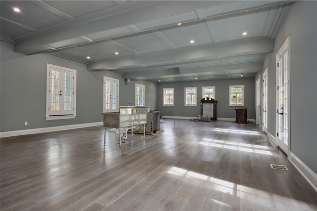 dining area featuring baseboards, french doors, recessed lighting, and wood finished floors