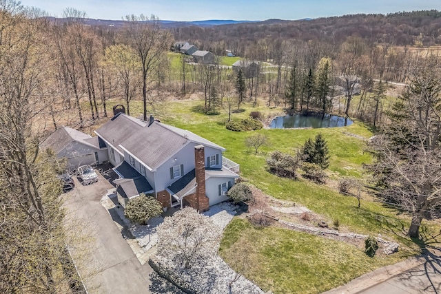 drone / aerial view with a view of trees and a water view