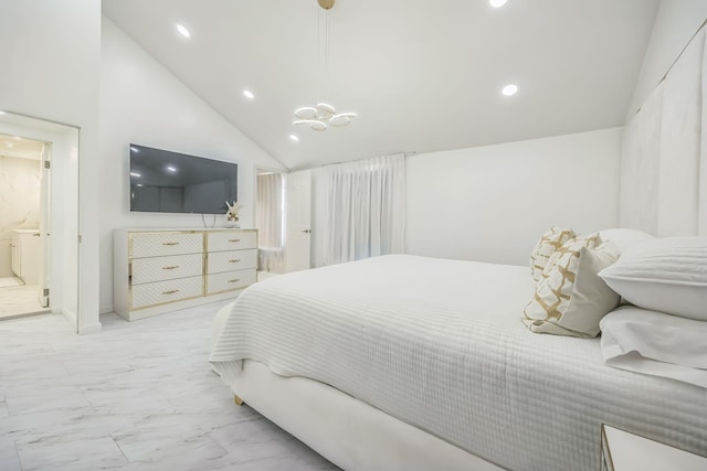 bedroom featuring recessed lighting, connected bathroom, marble finish floor, and lofted ceiling