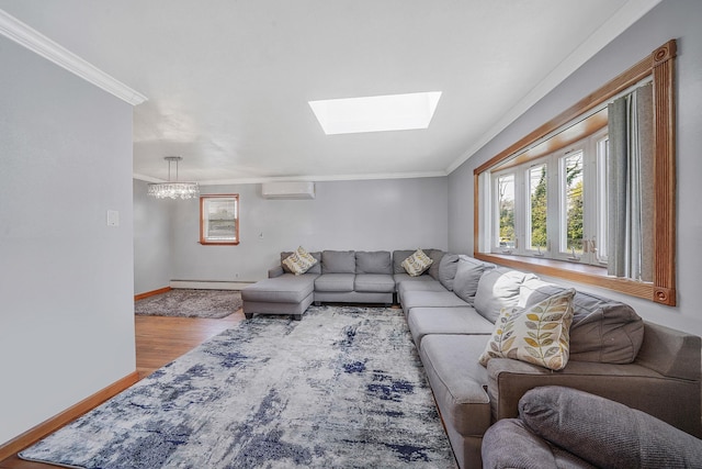 1036 Pacific St, Baldwin Harbor, NY 11510 - living room featuring an AC wall unit, plenty of natural light, crown molding, and a skylight