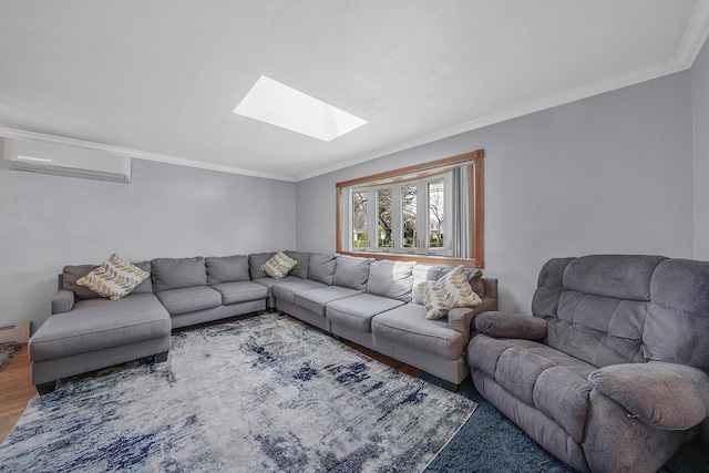 1036 Pacific St, Baldwin Harbor, NY 11510 - living room featuring crown molding, a wall unit AC, a skylight, and wood finished floors