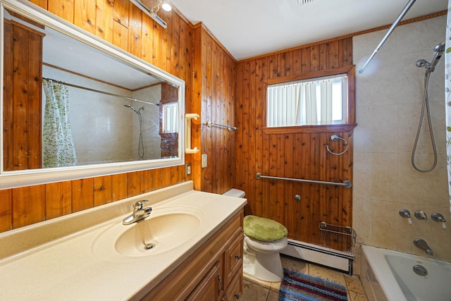 1036 Pacific St, Baldwin Harbor, NY 11510 - full bath with wood walls, vanity, a baseboard heating unit, toilet, and shower / bathtub combination with curtain