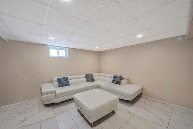 1036 Pacific St, Baldwin Harbor, NY 11510 - living room with baseboards, recessed lighting, a paneled ceiling, and marble finish floor