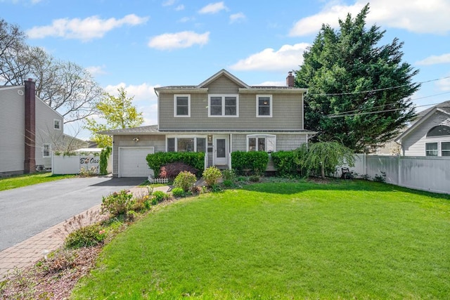 colonial-style house featuring aphalt driveway, a chimney, fence, a front lawn, and a garage