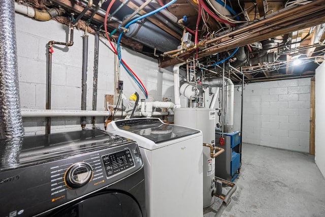 laundry area featuring water heater, washing machine and clothes dryer, and laundry area