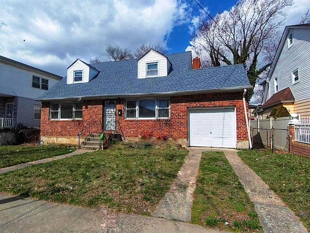 new england style home with roof with shingles, fence, brick siding, a front lawn, and a garage