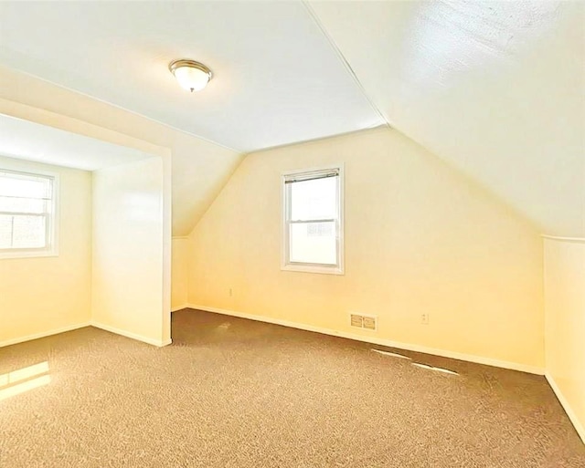additional living space with baseboards, visible vents, carpet, and vaulted ceiling