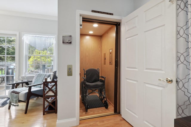 27 Lindbergh Ln, New City, NY 10956 - corridor featuring crown molding, elevator, a healthy amount of sunlight, and light wood finished floors