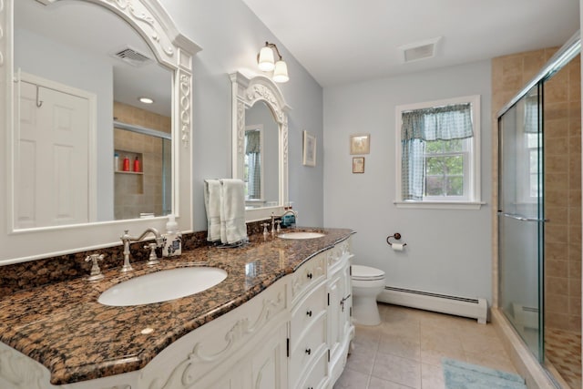 27 Lindbergh Ln, New City, NY 10956 - bathroom featuring visible vents, a sink, tile patterned floors, a baseboard radiator, and a stall shower
