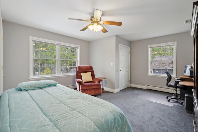 27 Lindbergh Ln, New City, NY 10956 - bedroom featuring carpet floors, baseboards, baseboard heating, and ceiling fan