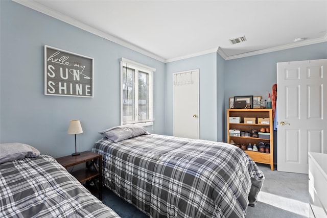 carpeted bedroom featuring visible vents and ornamental molding