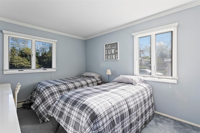 bedroom with carpet floors, baseboards, crown molding, and baseboard heating