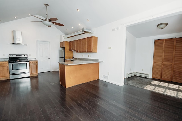 kitchen featuring brown cabinets, stainless steel appliances, ceiling fan, high vaulted ceiling, and wall chimney exhaust hood