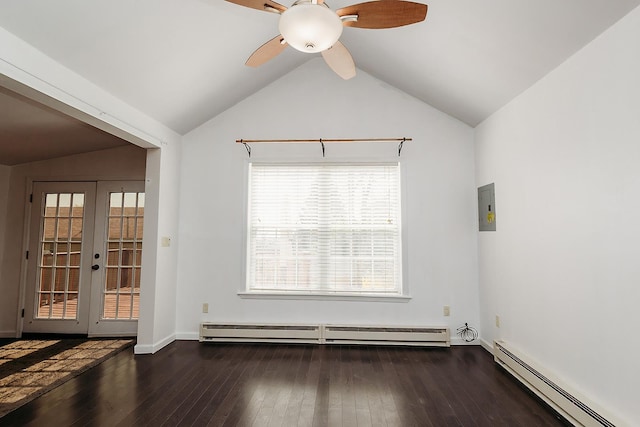 interior space with vaulted ceiling, a baseboard heating unit, and wood-type flooring