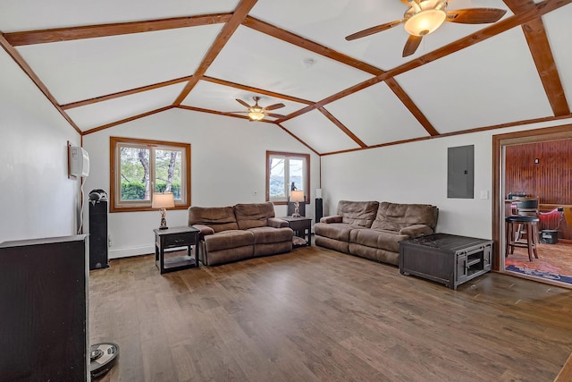 living area with a ceiling fan, electric panel, dark wood-style flooring, and vaulted ceiling