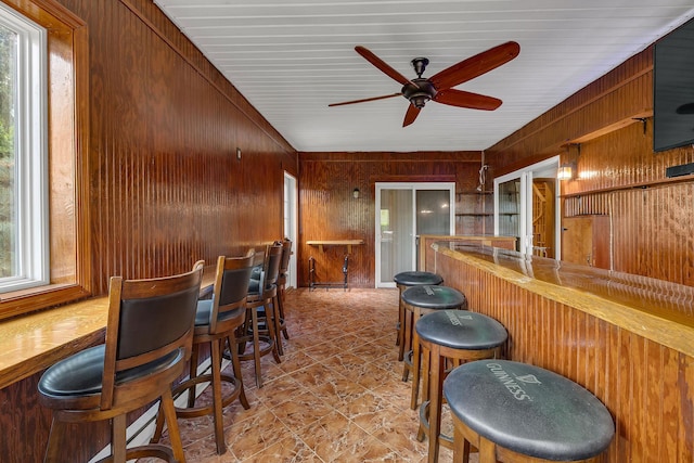indoor dry bar with healthy amount of natural light, wooden walls, and a ceiling fan