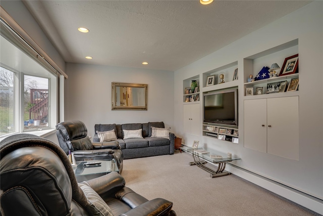 living room featuring recessed lighting, carpet flooring, and built in features