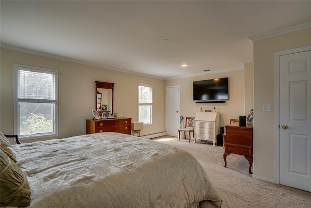 carpeted bedroom with ornamental molding, baseboard heating, and multiple windows