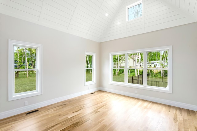 33 Lagoon Ct, Jamesport, NY 11901 - empty room featuring baseboards, high vaulted ceiling, wood finished floors, and wood ceiling