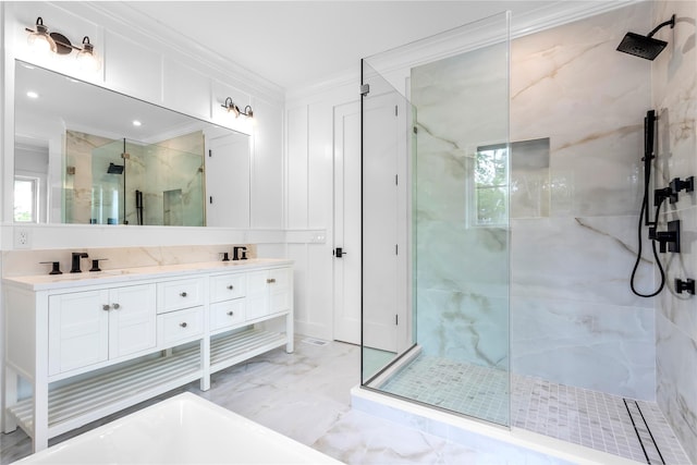 33 Lagoon Ct, Jamesport, NY 11901 - full bath featuring a marble finish shower, crown molding, double vanity, marble finish flooring, and a soaking tub