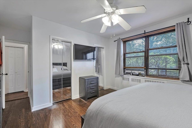 19 Rockledge Rd Unit 1A, Hartsdale, NY 10530 - bedroom with radiator, baseboards, dark wood-style floors, multiple closets, and ceiling fan