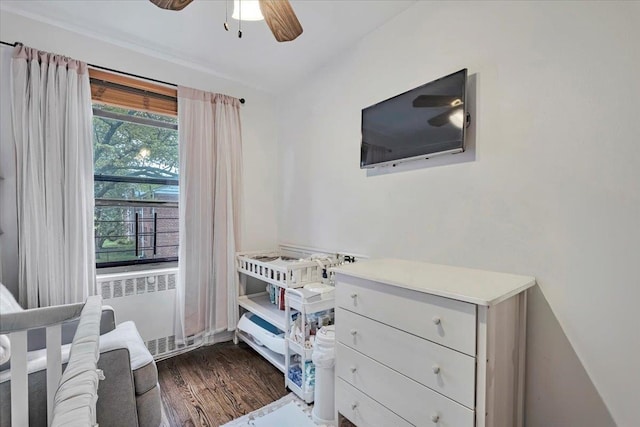 19 Rockledge Rd Unit 1A, Hartsdale, NY 10530 - bedroom with radiator heating unit, dark wood finished floors, and a ceiling fan