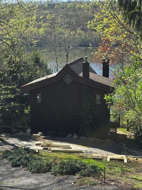 view of property exterior with a view of trees and a chimney