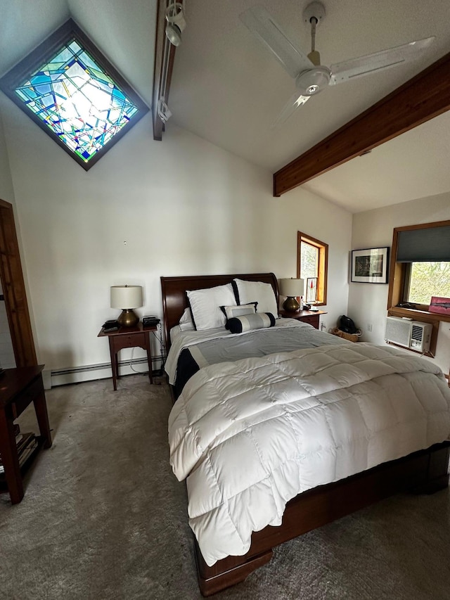 bedroom featuring a baseboard radiator, ceiling fan, lofted ceiling with beams, baseboards, and carpet floors