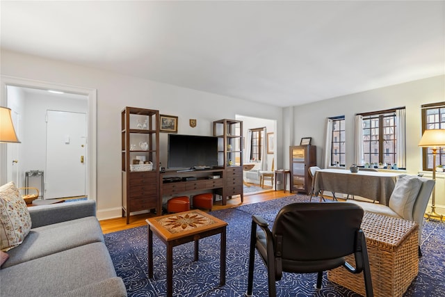 living area with baseboards and wood finished floors