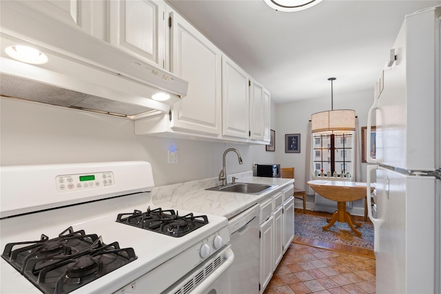kitchen featuring a sink, light countertops, under cabinet range hood, white appliances, and white cabinetry