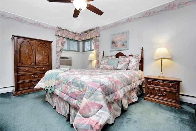 carpeted bedroom featuring ceiling fan, a baseboard heating unit, and baseboard heating