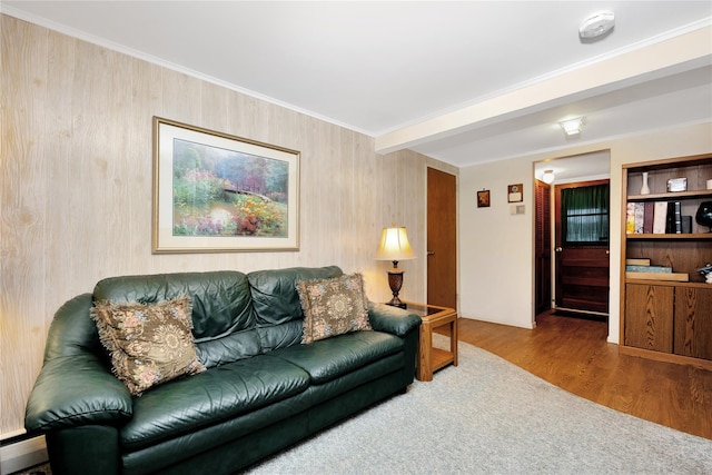 living area with wooden walls, ornamental molding, and wood finished floors