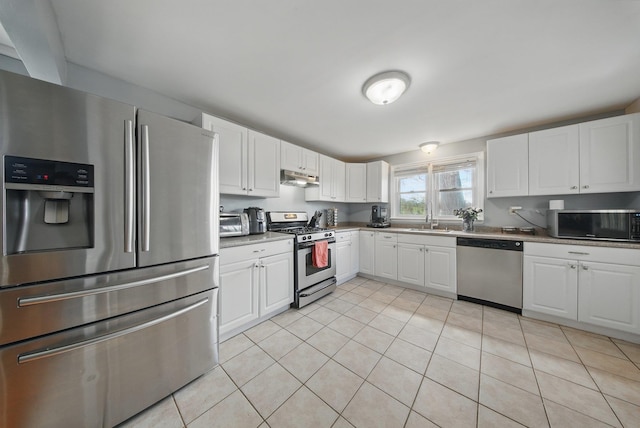 kitchen with a sink, appliances with stainless steel finishes, white cabinets, and under cabinet range hood