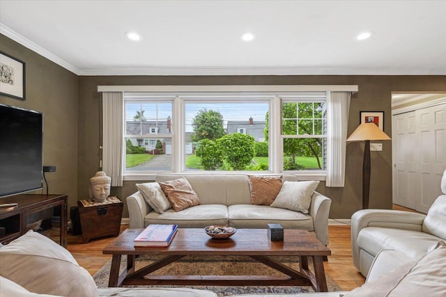 69 Howard Ave, Eastchester, NY 10709 - living room featuring light wood-style floors, ornamental molding, and recessed lighting