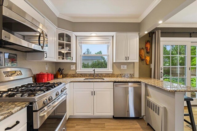 69 Howard Ave, Eastchester, NY 10709 - kitchen with stainless steel appliances, a sink, radiator heating unit, light stone countertops, and crown molding