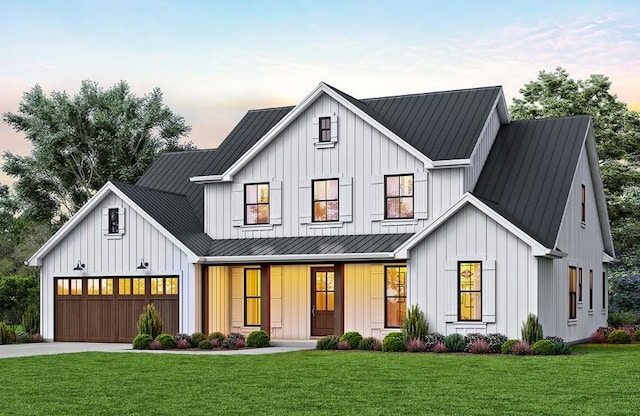 modern farmhouse featuring a lawn, covered porch, board and batten siding, and a standing seam roof