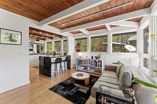 living area featuring wood ceiling, beam ceiling, and light wood-type flooring