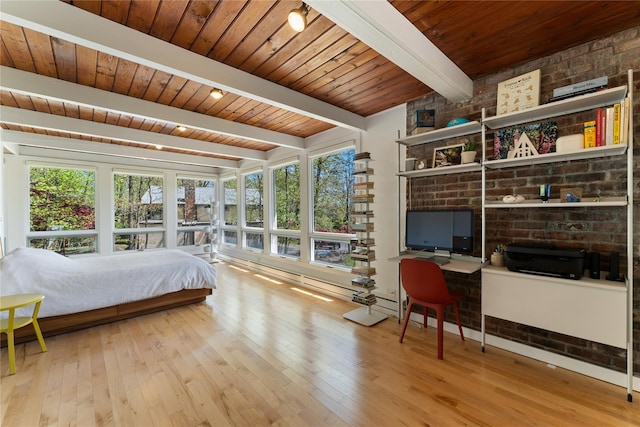 bedroom featuring wood ceiling, hardwood / wood-style floors, and beamed ceiling