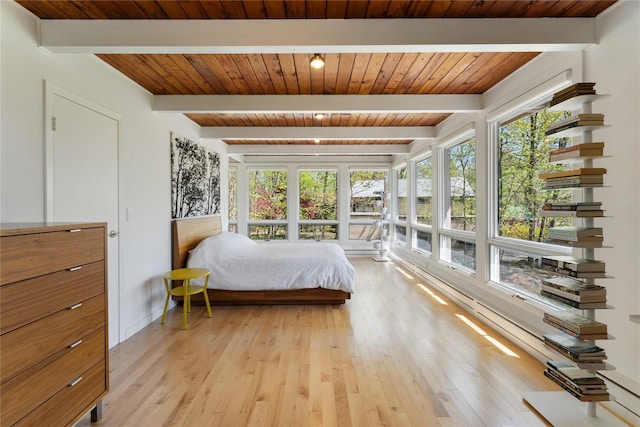 bedroom featuring wood ceiling, light wood finished floors, and beam ceiling