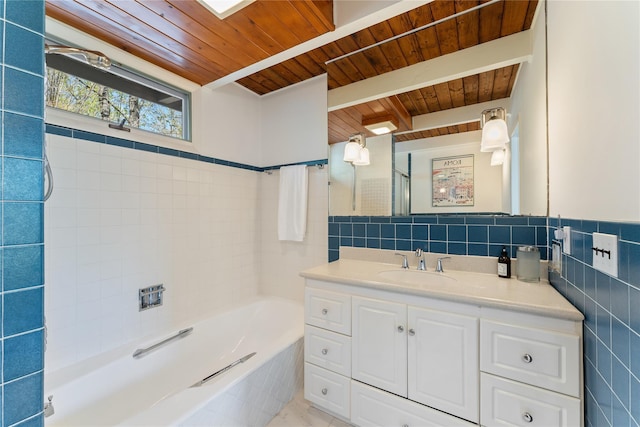 bathroom featuring vanity, wood ceiling, beam ceiling, and tile walls