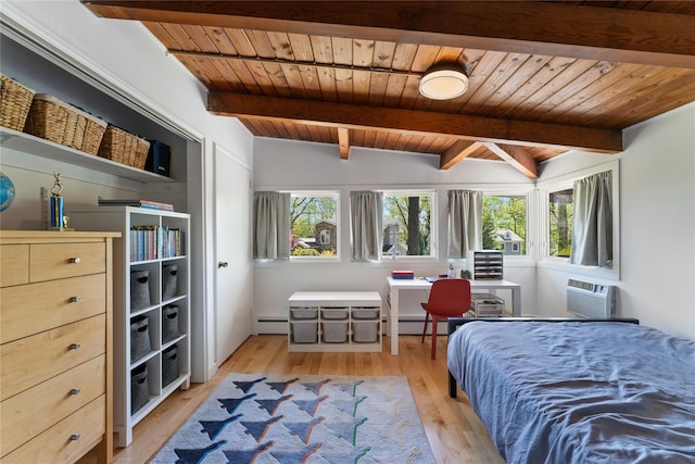 bedroom featuring an AC wall unit, light wood-style flooring, a baseboard heating unit, and wooden ceiling