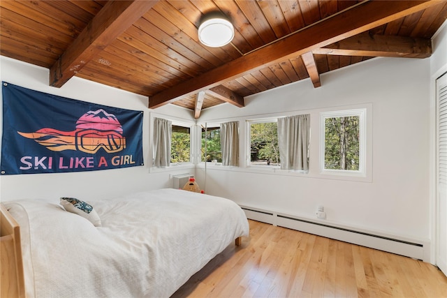 bedroom featuring lofted ceiling with beams, wood ceiling, baseboard heating, and hardwood / wood-style floors